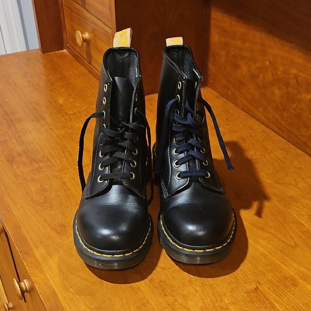 Dr. Martens Black Leather Combat Boots with Yellow Stitching